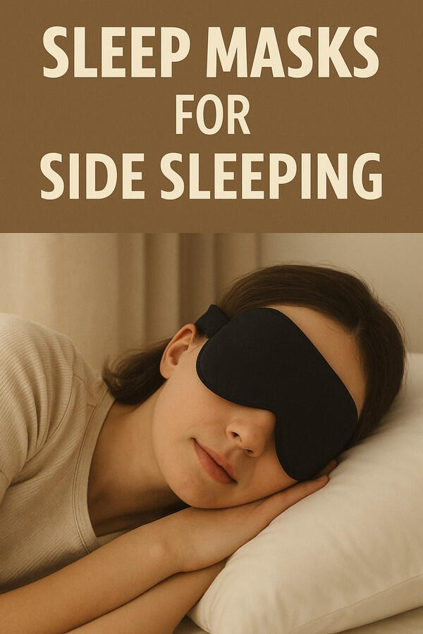 A woman lying on her side wearing a black sleep mask, under bold text reading “Best Sleep Masks for Side Sleeping.” Soft, neutral bedding and warm lighting in background.